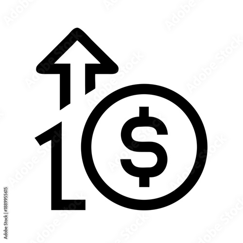 Minimalist black and white line icon of upward arrow with dollar sign, symbolizing financial growth, rising profits, investment, business success, and economic value.