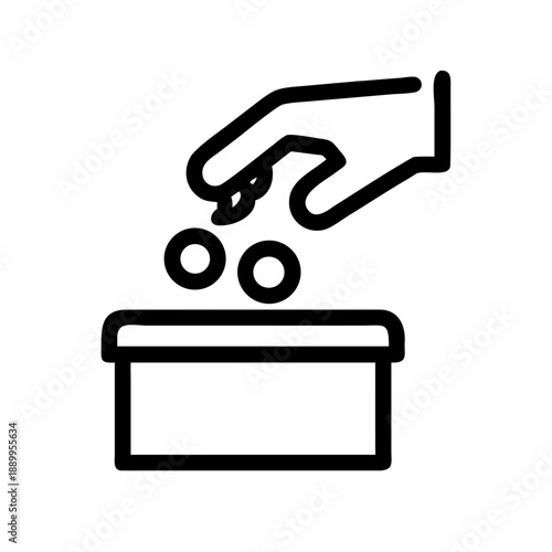 Black and white icon of hand dropping coins into a box, symbolizing donation, charity, and financial contribution