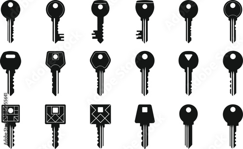 House and door key silhouette icon set with various shapes for security access real estate designs