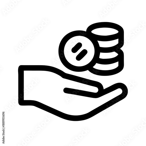 Black and white icon of upward-facing hand with falling and stacked coins, symbolizing receiving money, donations, or financial transactions