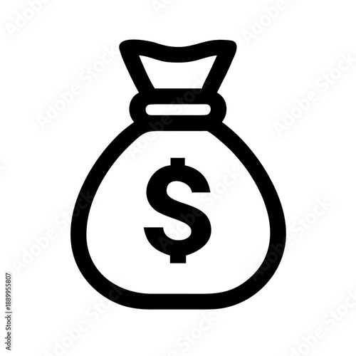 Black and white icon of money bag with dollar sign, symbolizing wealth, finance, savings, investment, banking, monetary transactions, and economic prosperity