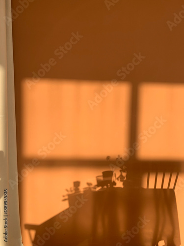 Fotografía Warm sunlight window shadows on wall, cozy home interior background with copy sp