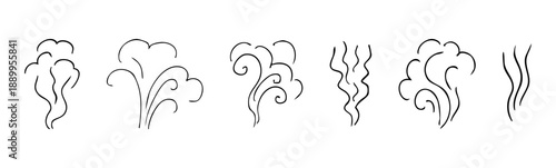 Smell steam and smoke lines icons set. Air wind and scent linear hand drawn doodle. Hot vapor, aroma, smell, waves from food sketch.
