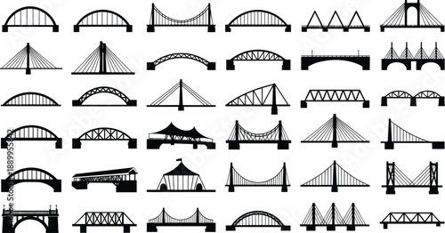 Bridge silhouette icon set with arch suspension truss and cable structures for transportation architecture and engineering designs