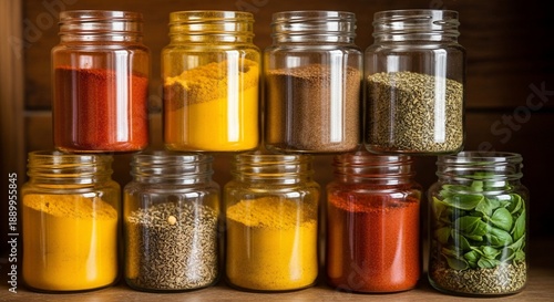 Assorted spices and seasonings in glass jars on a wooden shelf.