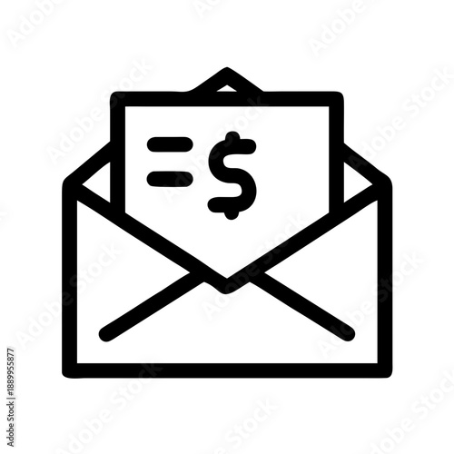 Black and white icon of envelope with inserted financial document showing dollar sign, symbolizing billing, payment, and financial communication