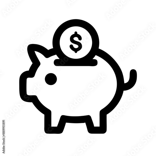 Black and white icon of piggy bank with dollar coin being inserted, symbolizing financial savings, budgeting, and personal investment