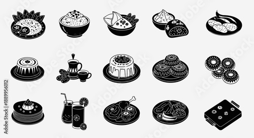 Twelve original black icons arranged in one frame, representing traditional Saudi Arabian foods served during Eid al-Fitr, including kabsa rice, lamb mandi, jareesh, harees, samboosa, mutabbaq
