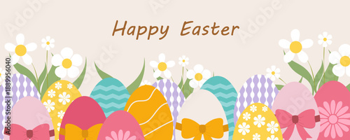 Easter Eggs and Spring Flowers Border background.Happy Easter.  holiday greeting card, poster collection set. Springtime banner Modern flat design with flowers, egg pastel colors. Vector illustration