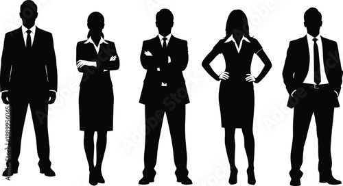 Professional Business Team Silhouettes Set, Diverse Corporate Group Standing in Formal Suits, Executive Leadership Staff for Success and Career Concept