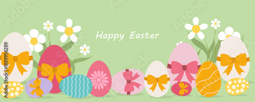 Easter Eggs and Spring Flowers Border background.Happy Easter.  holiday greeting card, poster collection set. Springtime banner Modern flat design with flowers, egg pastel colors. Vector illustration