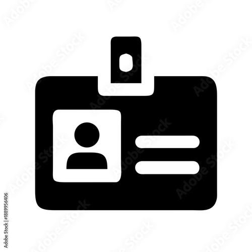 Black and white icon of identification badge with clip, profile silhouette, and text lines, symbolizing ID card, employee badge, and access credentials