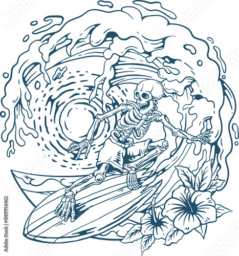 Skeleton Surfing Inside Ocean Wave With Hibiscus Beach Retro Line Art Vector Illustration