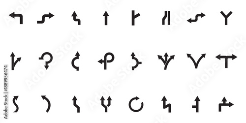 Black traffic direction arrow icon set on white background