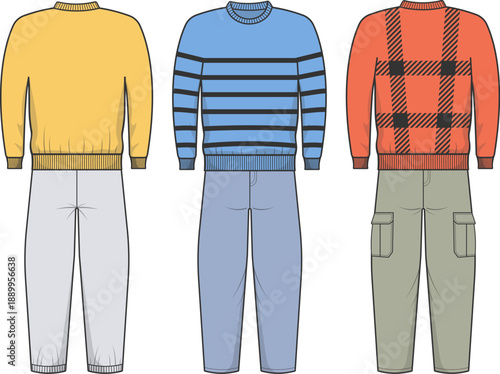 Vector illustration set of men casual outfits featuring sweaters and pants combinations. Flat design style with modern colors, ideal for fashion catalogs, e-commerce, lookbooks, and apparel branding.