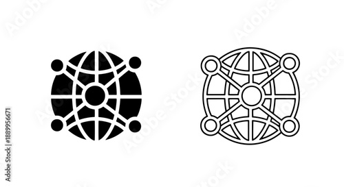 Global network icons, one solid black and one outlined, representing connectivity and internet