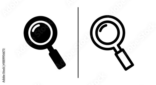 Magnifying glass icons, one black silhouette and one outline, symbolizing search and discovery