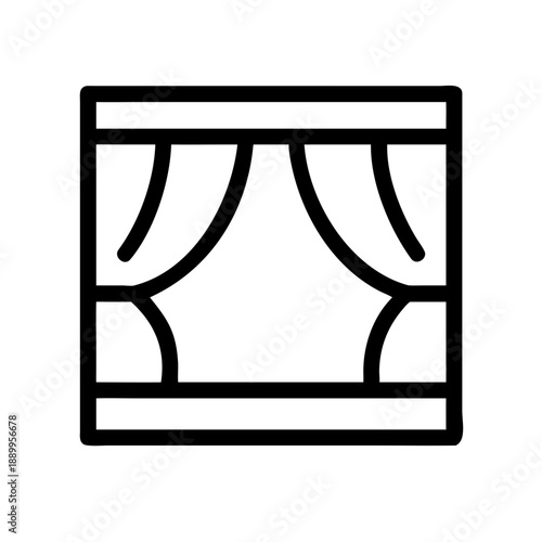 Black and white icon of stage with curtains drawn to the sides, symbolizing theater, performance, drama, and stage-related activities