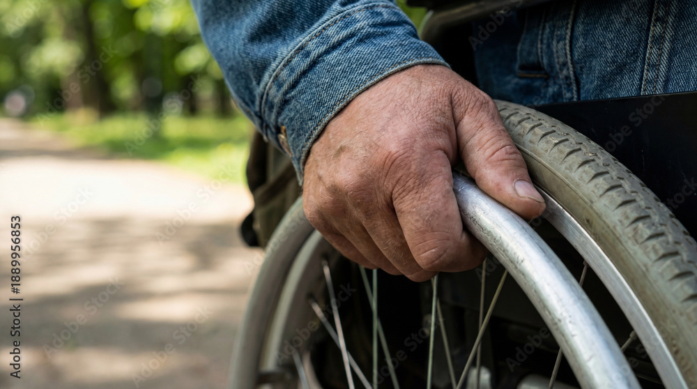 Fototapeta premium close up of caucasian man hand holding wheelchair wheel in green summer park. disabled male person in denim clothes moving outdoors. handicap mobility concept. banner, website header.