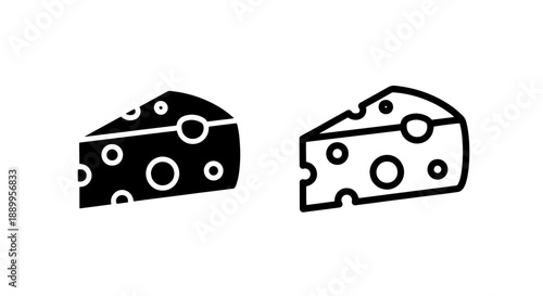 Slice of Swiss cheese icons in solid black and outline versions, featuring holes, perfect for food and recipe design.