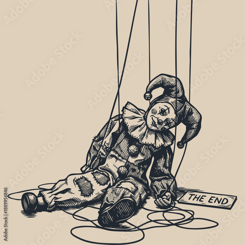 A dramatic illustration of a broken clown marionette lying with a sign 'THE END.' Symbolic vector graphic in a vintage engraving style.