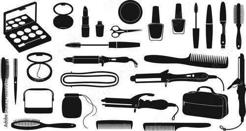 Set of professional beauty and makeup tool silhouettes including eyeshadow palette, lipsticks, hair straighteners, combs, and brushes for salon design.