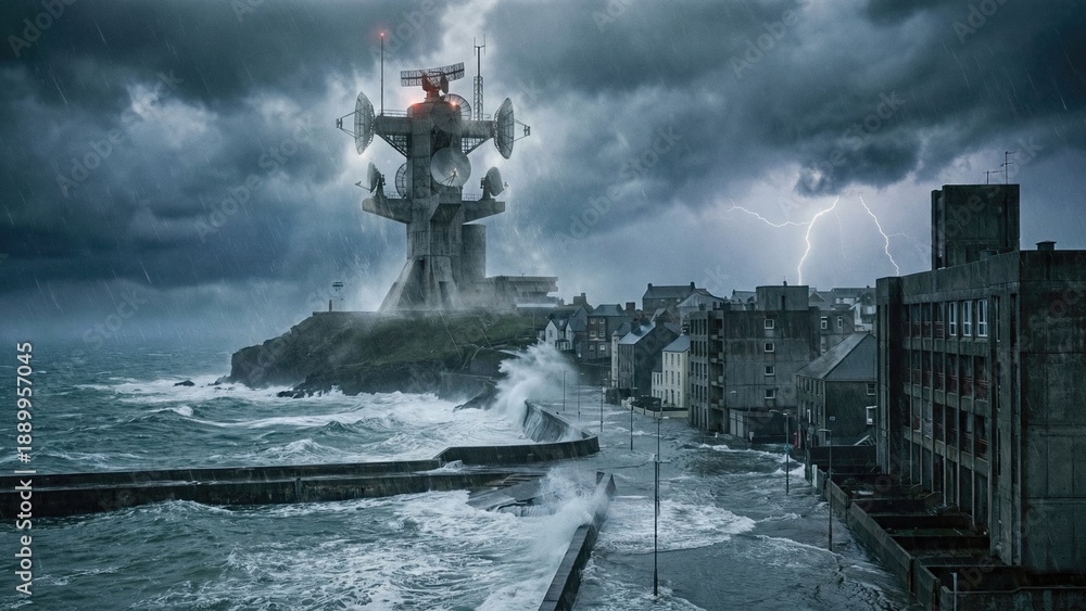 Fototapeta premium Coastal city under stormy sky with a communication tower on a cliff, facing a flood from strong ocean waves and lightning, for disaster prediction concept.