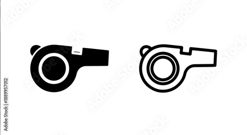 Sports whistle icon set, black and white, for referees and game signals
