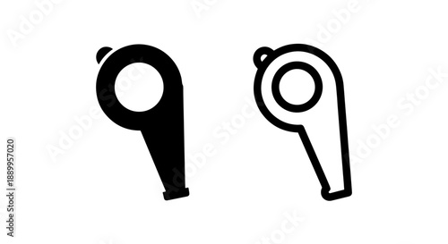 Sports whistle icon set, black and white, indicating signals and alerts in games