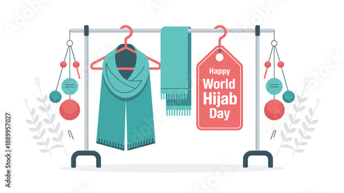 Happy world hijab day celebration with elegant teal scarves on a display rack
