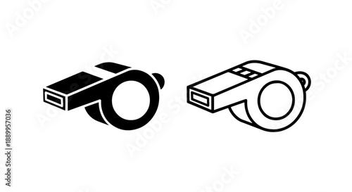 Referee whistle icon set, black and white, for sports, games, and signaling
