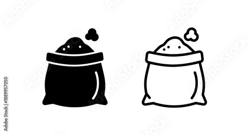 Bag of powder icon set, black and white, for ingredients or materials