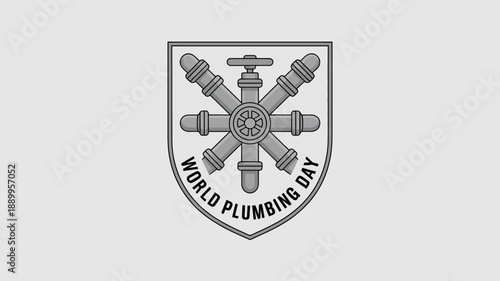 World plumbing day emblem with plumbing fixtures and pipes