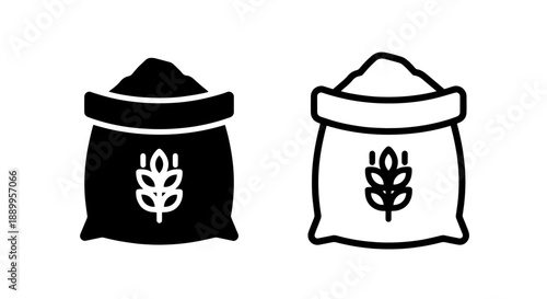 Bag of flour icon set with wheat stalks, black and white, for baking and agriculture