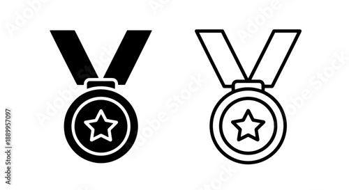 Medal icon with star, black and white, symbolizing achievement and victory