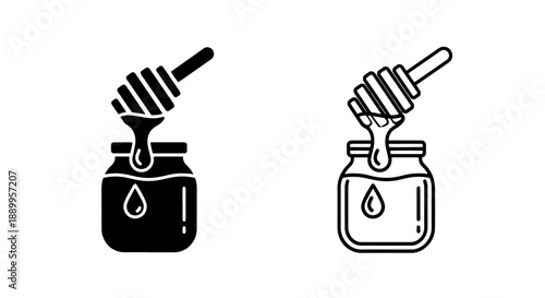 Vector icons of a jar of honey with a dipper, in both solid black and outline styles