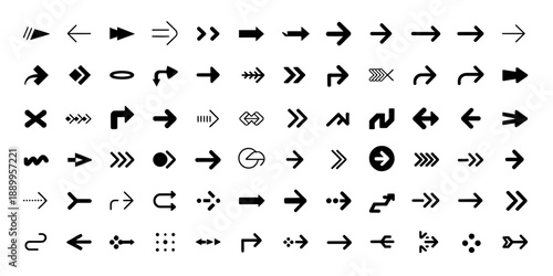 A comprehensive collection of diverse black arrow icons for web design and user interface