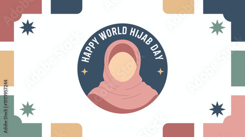A vibrant illustration celebrating world hijab day with a stylized woman in a pink hijab