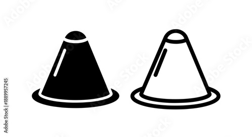 Two stylized cone shapes with rounded tops and circular bases, in solid and outline styles
