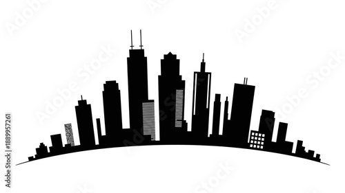 Minimalist black city skyline silhouette featuring towering skyscrapers on a curved horizon