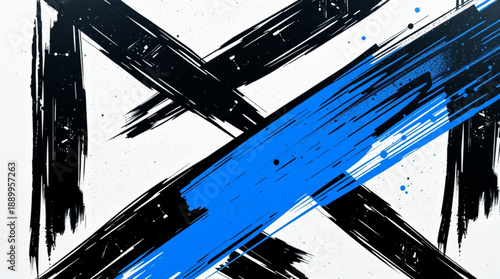 Abstract painting with bold black and blue brushstrokes forming an energetic X pattern on a white background.