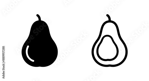 Pear and avocado icons, one whole pear and one halved avocado, in solid and outline styles