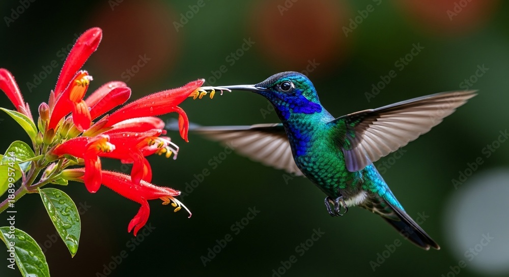 Fototapeta premium Hummingbird feeding on red flowers in a lush green environment.