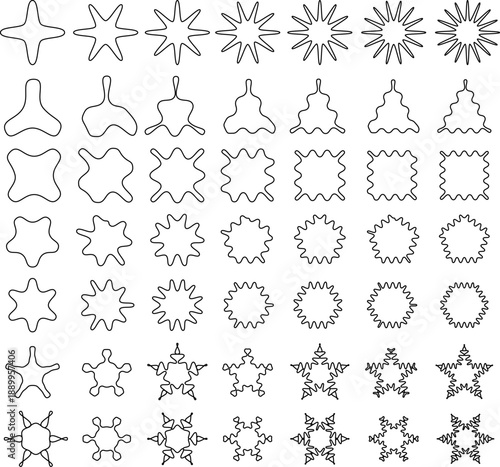 Set of hand-drawn abstract blob and starburst shapes in clean linear style. Organic forms with dynamic contours for contemporary graphic design, posters, patterns, and digital artwork.
