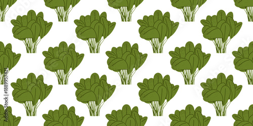 Spinach greens seamless pattern in flat cartoon style. Repeating leafy vegetable elements with textured surface for spring salad, food and cuisine design.
