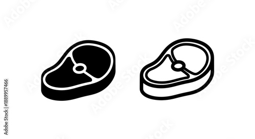 Isometric Steak Icons, Raw Meat Cut in Solid and Outline Versions