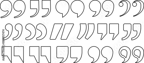 A modern outline quotation marks icon set featuring multiple linear typographic styles. Clean black stroke punctuation symbols isolated on white background, ideal for editorial layouts, UI, UX