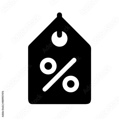Black and white icon of product tag with percentage symbol, symbolizing discount, sale, special offer, and retail pricing