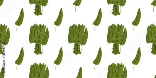 Sorrel greens spring salad pattern in flat cartoon style. Repeating leafy herb elements with textured surface for food, packaging, menu and cuisine design.