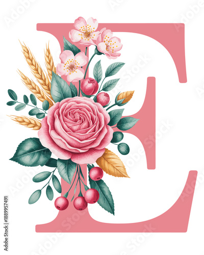 Elegant letter e adorned with a beautiful pink rose, cherry blossoms, berries, and golden wheat
